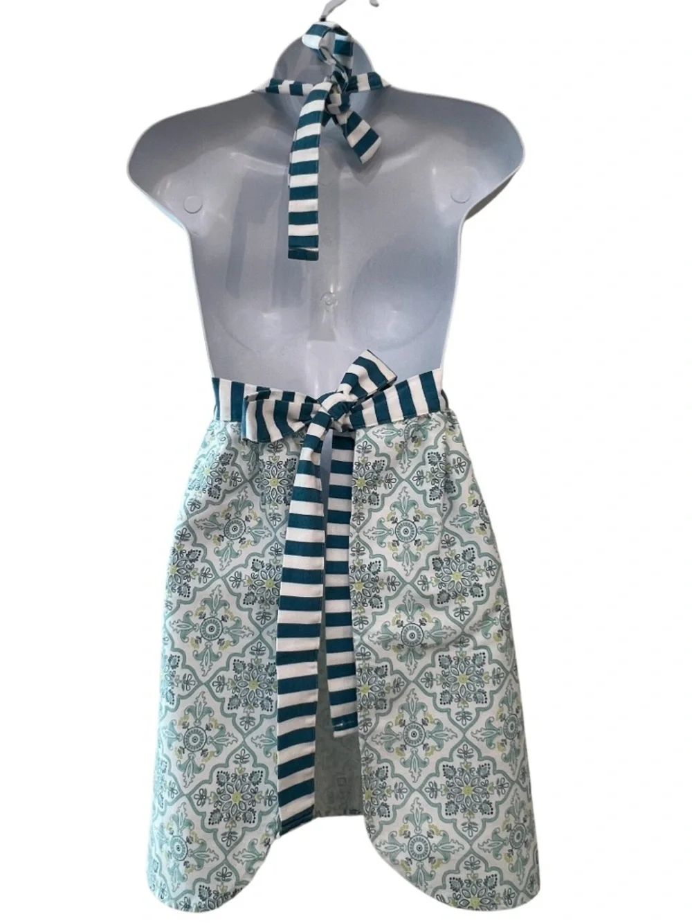 Daisy Fuentes Teal Medallion Print Ruffle Bib Full Apron Striped Trim